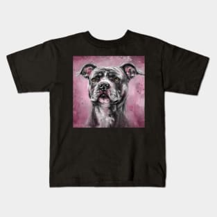 Painting of a Gray / Black Pit Bull Looking into the Horizon, on Purple Background Kids T-Shirt